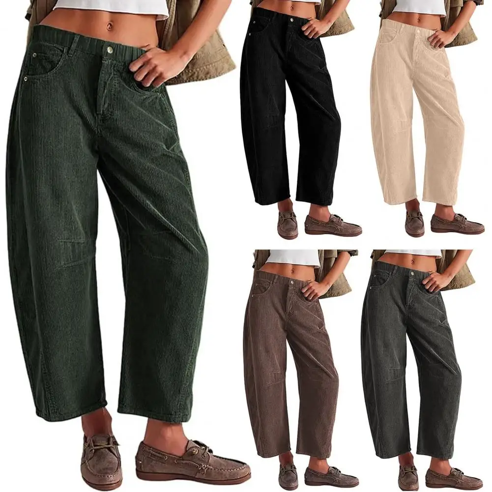 Classic High Waist Slim Fit Corduroy Pants Women's Casual Trousers Trendy Long Pants Autumn Street With Pockets Solid Color