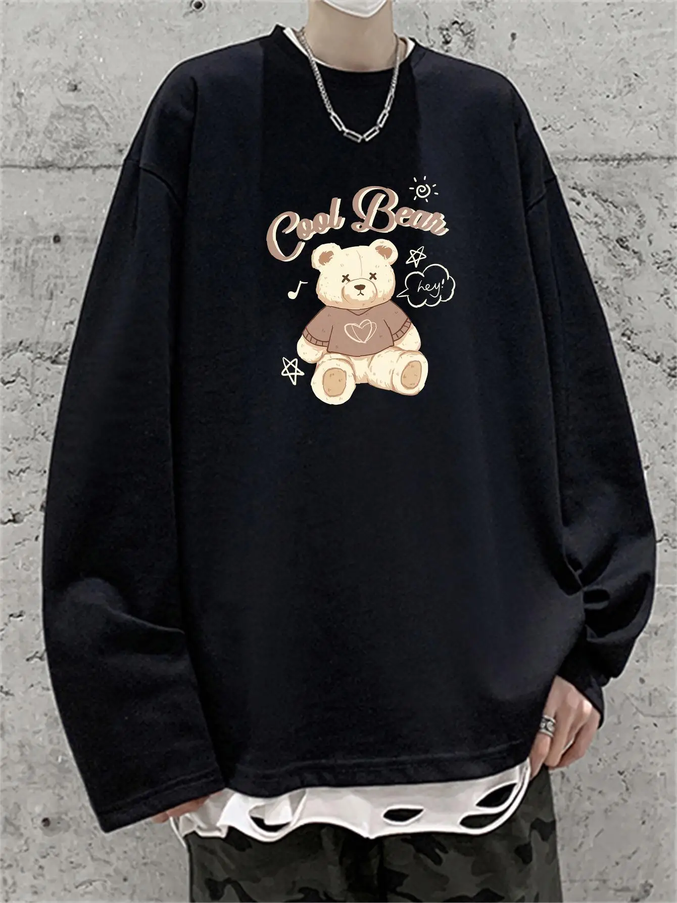 Cool Bear Kawaii Print Men's T-shirts Fashion Brand Long Sleeve Clothing Hip Hop Korean Style Male Tops Luxury Cotton Tee Shirt