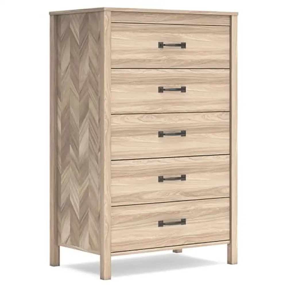 

Modern 5-Drawer Chest Oak Grain Chevron Pattern Bedroom Organizer Storage Solution Durable Engineered Wood 32"x21"x50" Light