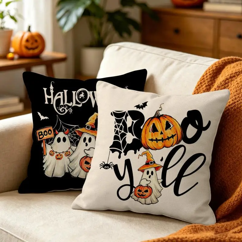 2 Stück Halloween Kürbis-Geist Auto-Print Kissenbezüge aus Polyester für Wohnzimmer-Sofa-Dekoration, Zierkissenbezüge – Detail 4