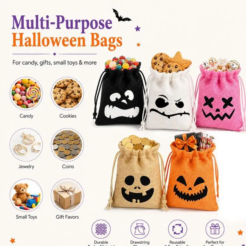 Halloween-Geschenktüten mit Kordelzug, Kürbis-Geister-Druck, 1/5 Stück, wiederverwendbare Süßigkeitentüten für Süßes oder Saures, Kinderparty-Geschenke – Detail 4
