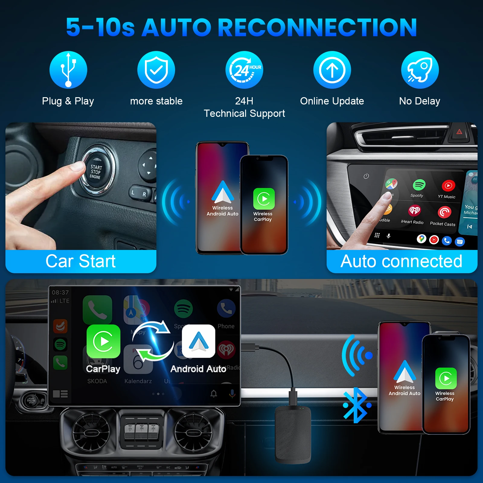 OEM السلكية CarPlay Cars Wireless Carplay Android Auto محول مع Netflix YouTube TikTok Google Play