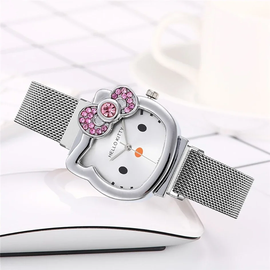 Miniso Anime Cartoon Sanrio Hello Kitty Diamond Bow Students Watch Lovely Girls Stainless Steel Belt Magnet Strap Watch Gifts