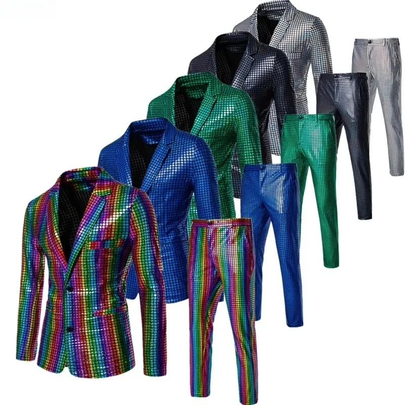 

Rainbow Stripes Men's Suit 2-Piece, Gold Elastic V-neck Jacket with Trousers, Black Green Silver Male Sets.