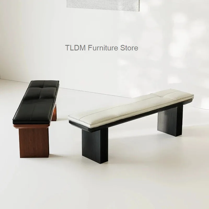 Nordic Minimalist Cushion Bench, Curved Solid Wood Frame Foot Stool, Comfort Long Accent Bench for Entrance Bedroom Decor
