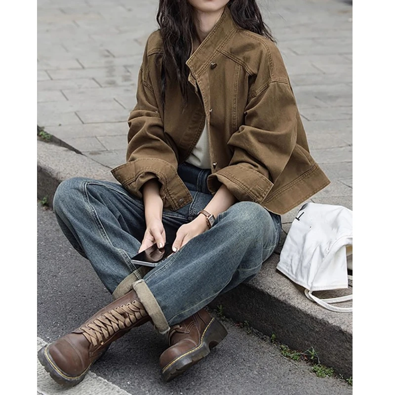 

Women's Spring Autumn Vintage Brown Jackets Denim Pants Two Piece Set Lady Korean Chic Slim Short Coats Jeans Outfits 2025