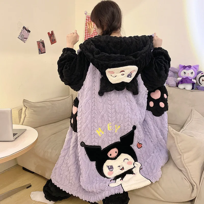 

Anime Kuromi Coral Fleece Sleepwear Women's Winter Warm Home Clothes Long Sleeve Long Pants Flannel Pajamas Thicken Homewear