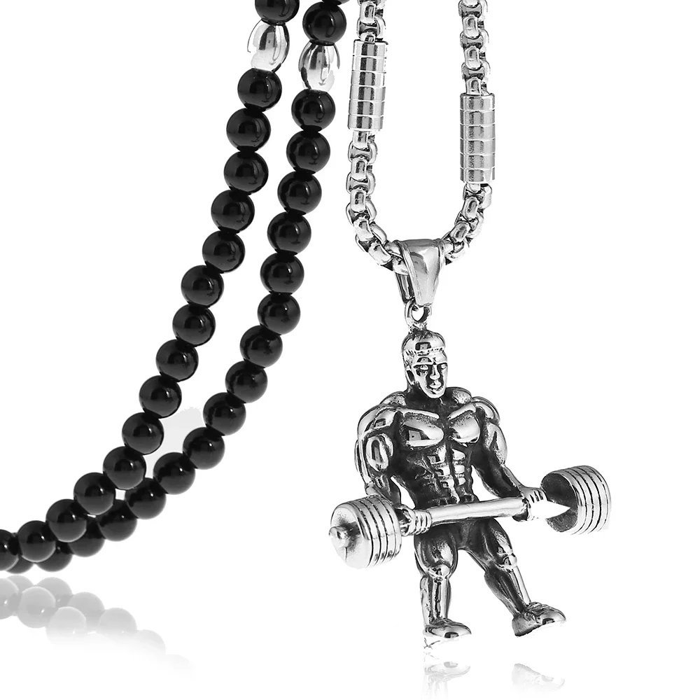 Swag Weightlifting Barbell Pendant Necklace with Black Natural Stone Beaded Necklace 27inches