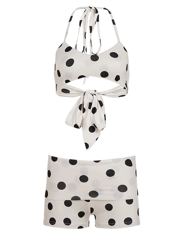 

French Polka Dot Naughty Girl Short Shorts Bikini Set AliExpress New Arrival Sexy U-Neck Strappy Top Low-Waist Shorts