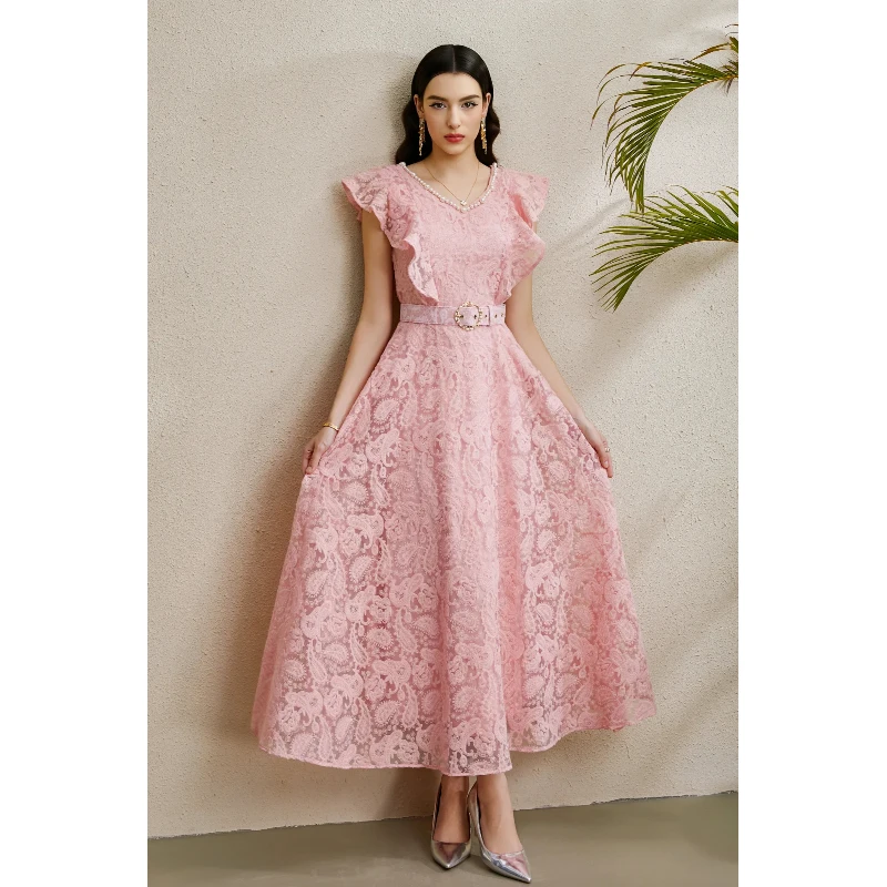 

Pearls Luxury Formal Evening Dresses Women Summer Short Sleeve Embroidered Lace Long Dress Female Midi Party Birthday Vestidos