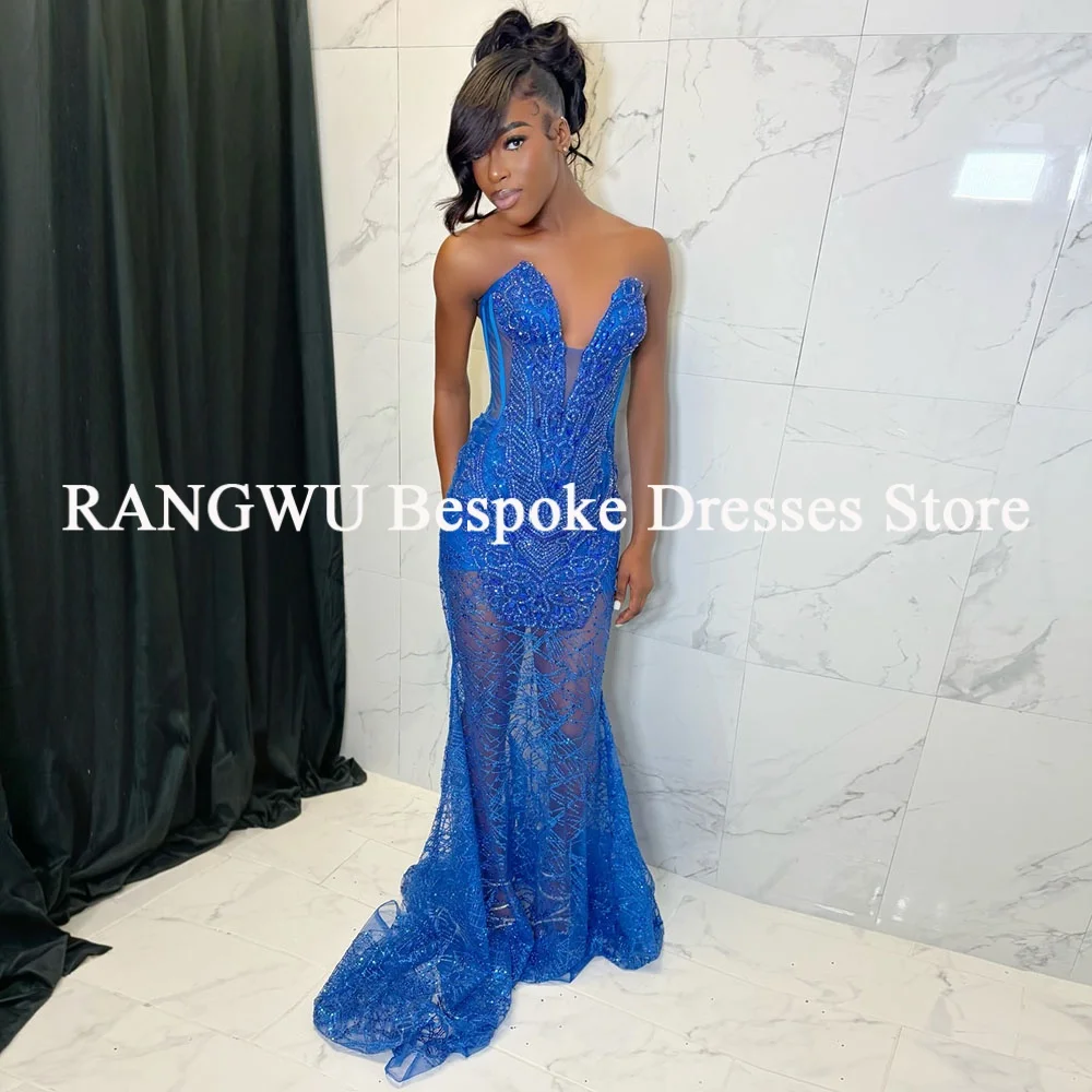 

Сексуальные синие платья для выпускного вечера 2026 года для темнокожих девушек, прозрачные африканские платья на день рождения, длинные вечерние наряды с кристаллами, индивидуальный пошив