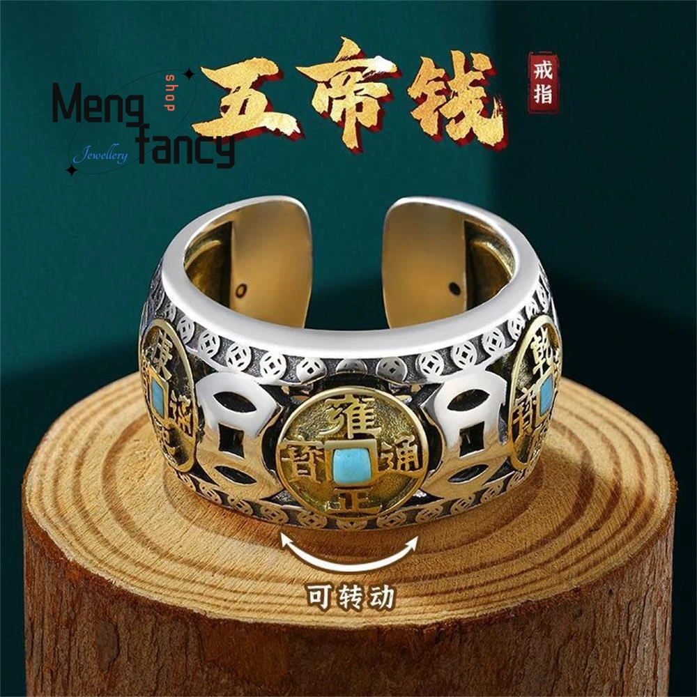 Natural Turquoise Spinning Five Emperor's Money Thai Silver Ring Retro Personalized Ethnic Style Fashion Jewelry Holiday Gifts