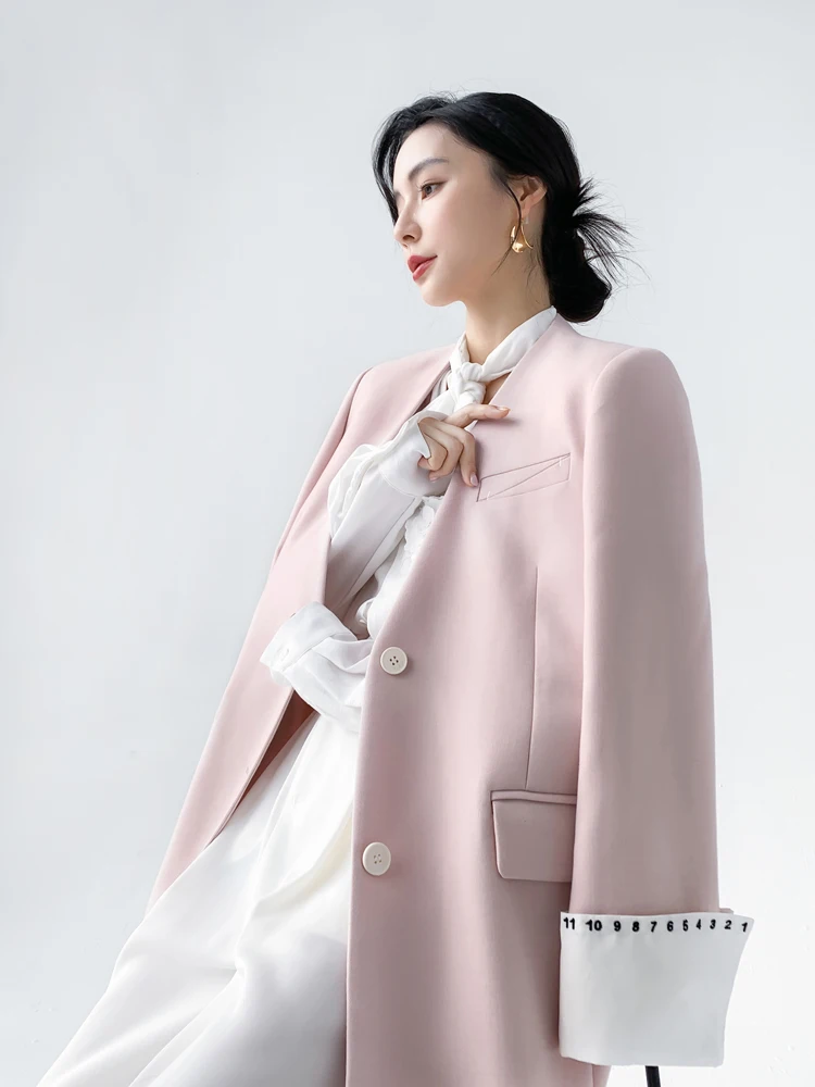 

Элегантный розовый шерстяной костюм Aksaya: женский повседневный, модный дизайн, весна-осень, комфортный крой, V-образный вырез, длинный...