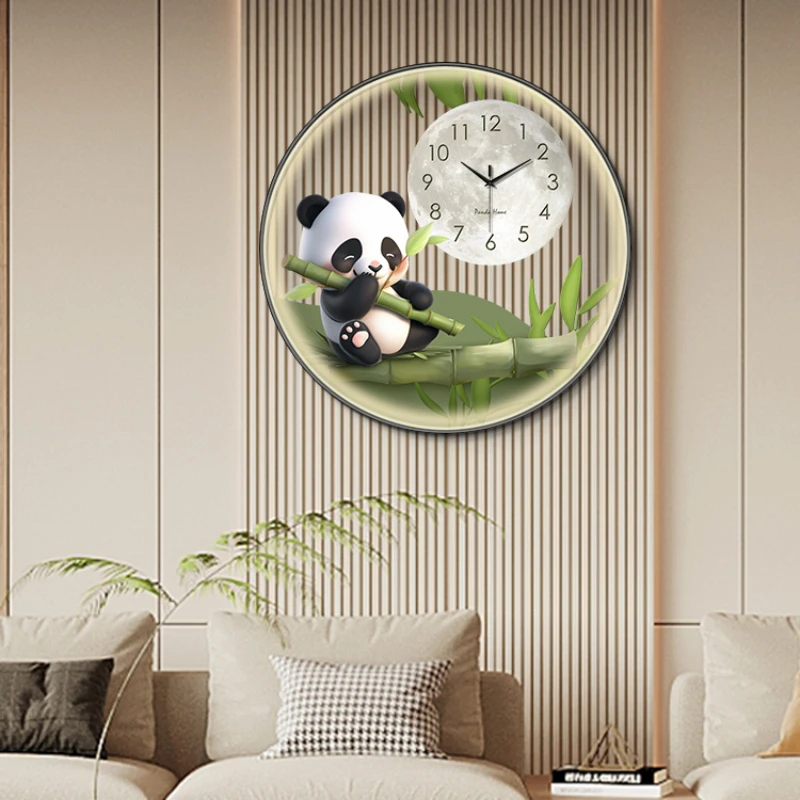 Circular transparent panda wall clock living room dining room decorative painting Creative LED wall light hanging wall clock