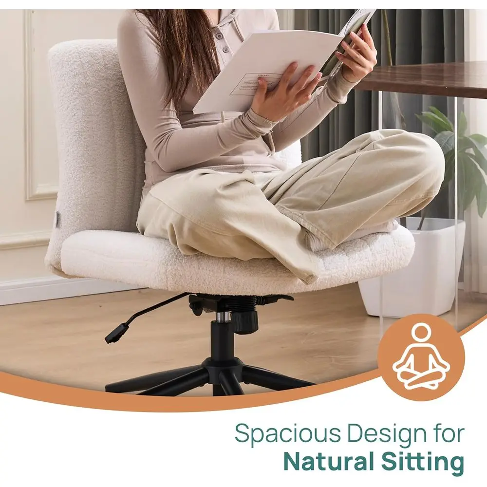 Wheeled Armless Desk Chair for Cross-Legged Sitting, 360° Swivel & 120° Rocking, White Sherpa Comfort