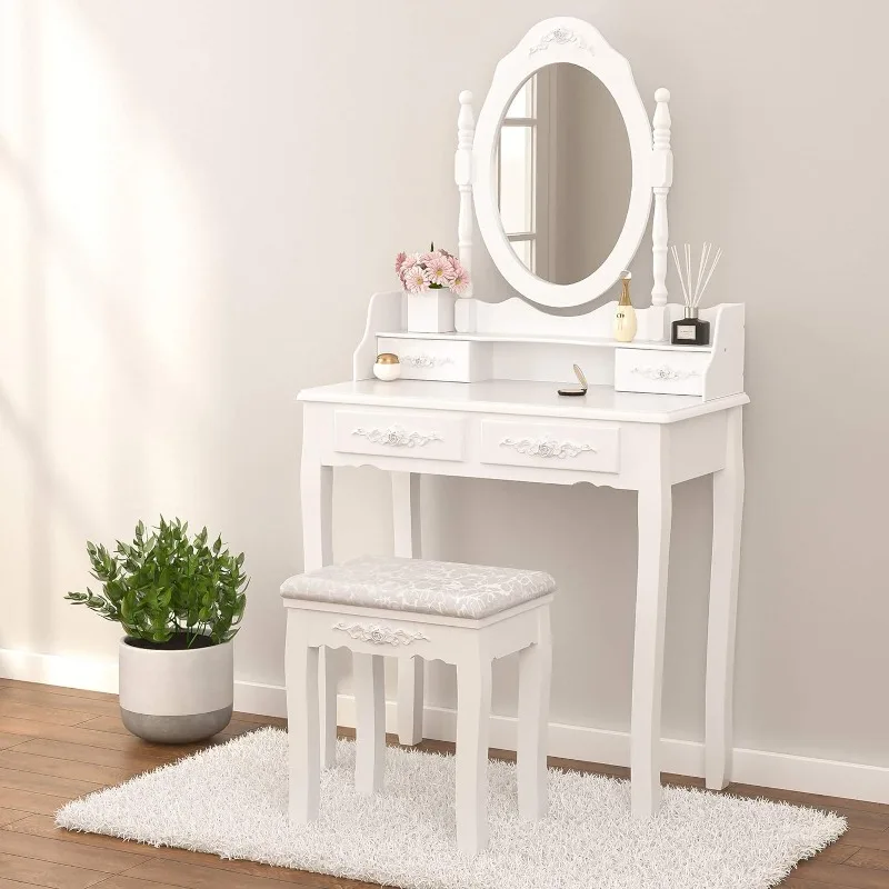 Table Set with 4 Drawer,Bedroom Furniture Set Oval Mirror White