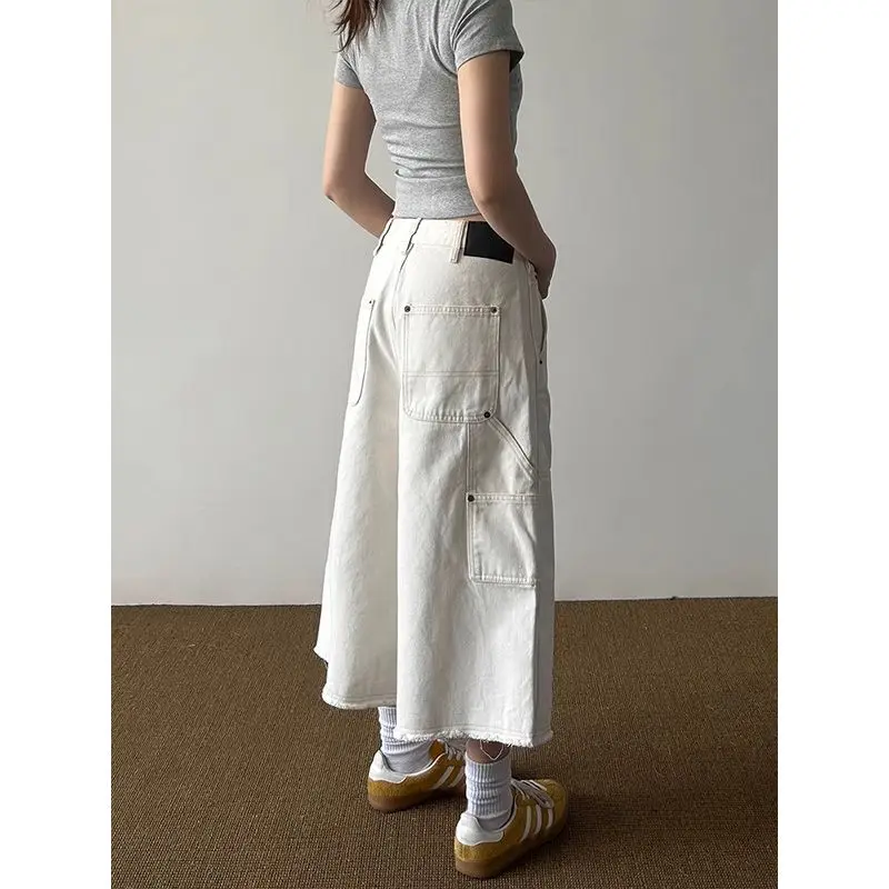 White Burrs Tooling Denim Cropped Pants Women's Summer American High Street New Drape Casual Loose Straight Pants