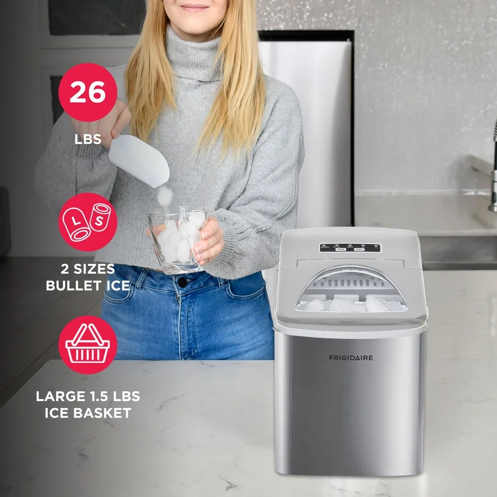 Compact Stainless Steel Countertop Ice Maker 26 lb Daily Capacity Fast Ice Production Digital Control Easy Maintenance with Ice