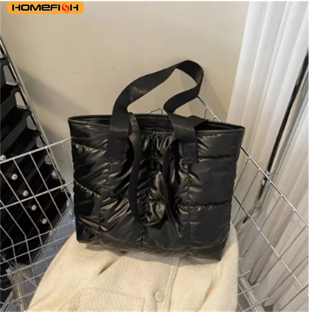 HOMEFISH Solid Color Cotton Padded Shopping Bag, Rhombus Quilted Portable Tote Handbag, Large Capacity Ladies Daily Bag