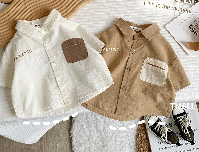 

Children Short-sleeved Shirts 2024 New Boys and Girls Summer Thin Korean Top Fashion Casual Letter Printing Patchwork Pocket