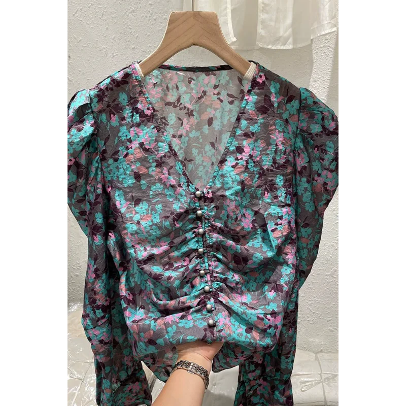 

V-neck Floral Chiffon Shirt 2025 New Super Fairy Age-reducing Puff Sleeve Top