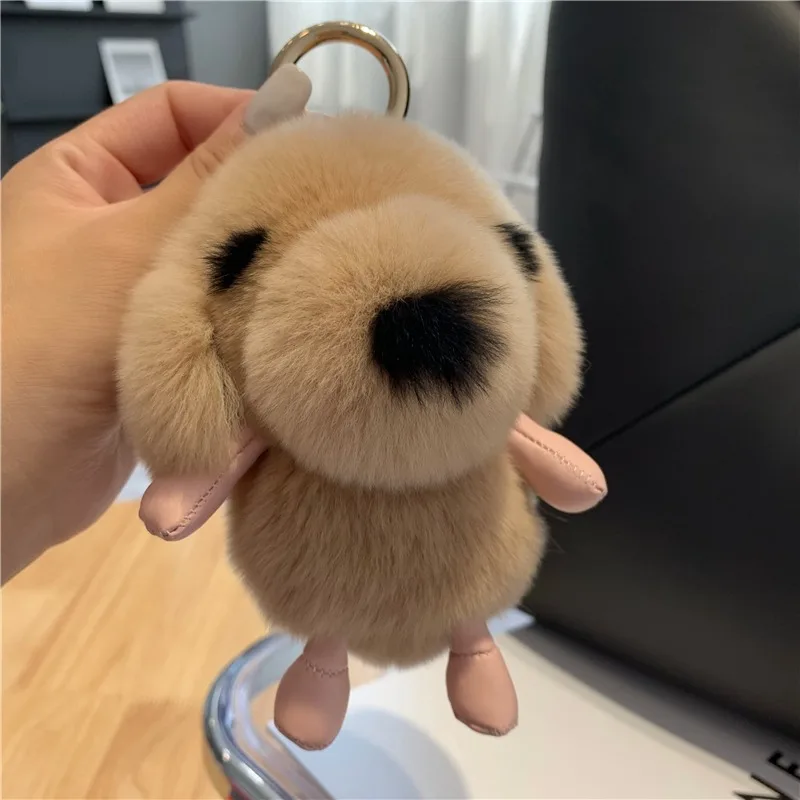 Pendant Keychain Luxury Little Dog Cute Puppy Real Rex Rabbit Fur Trinket Keyring For Women Bag Purse Ornament Accessories Gifts