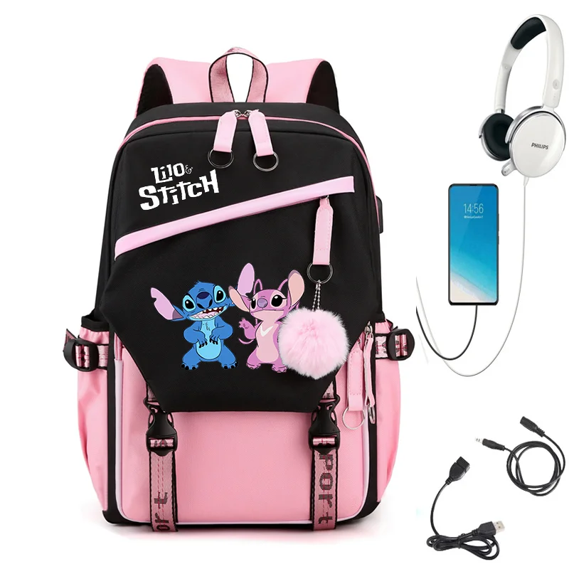 

MINISO Lilo Stitch школьный рюкзак с зарядкой через USB, мужской и женский студенческий рюкзак, школьная сумка с героями мультфильмов в стиле аниме Mochila