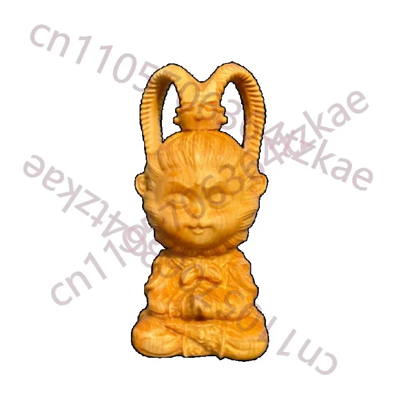 Hand Carved Cypress Wooden Q-Version Monkey King Figurine - Cute Sun Wukong Ornament Home Office Desk Study Room Decor Gift