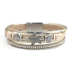 ALLYES Charm Starfish Shell Leather Bracelet for Women Men Boho Metal Tube Crystal Beads Chain Bracelets & Bangles Beach Jewelry