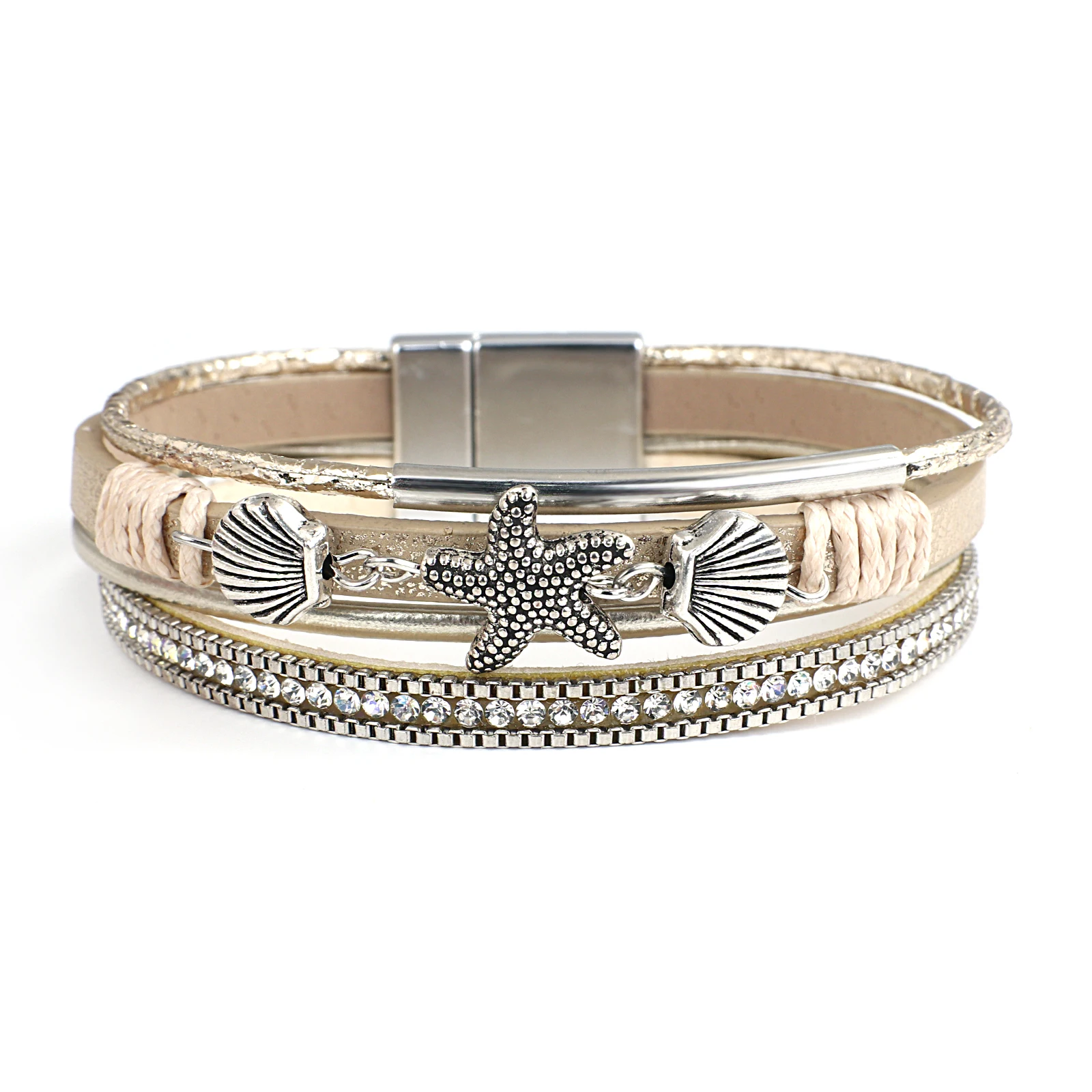 ALLYES Charm Starfish Shell Skórzana bransoletka dla kobiet Mężczyźni Boho Metal Tube Crystal Beads Chain Bransoletki i bransoletki Biżuteria plażowa