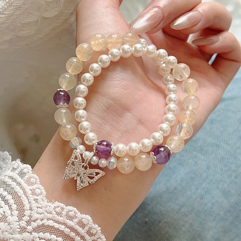 

Ins Niche Высококачественный натуральный желтый кристаллический корпус из бисера с микроинкрустацией бабочкой Элегантный универсальный браслет на руку