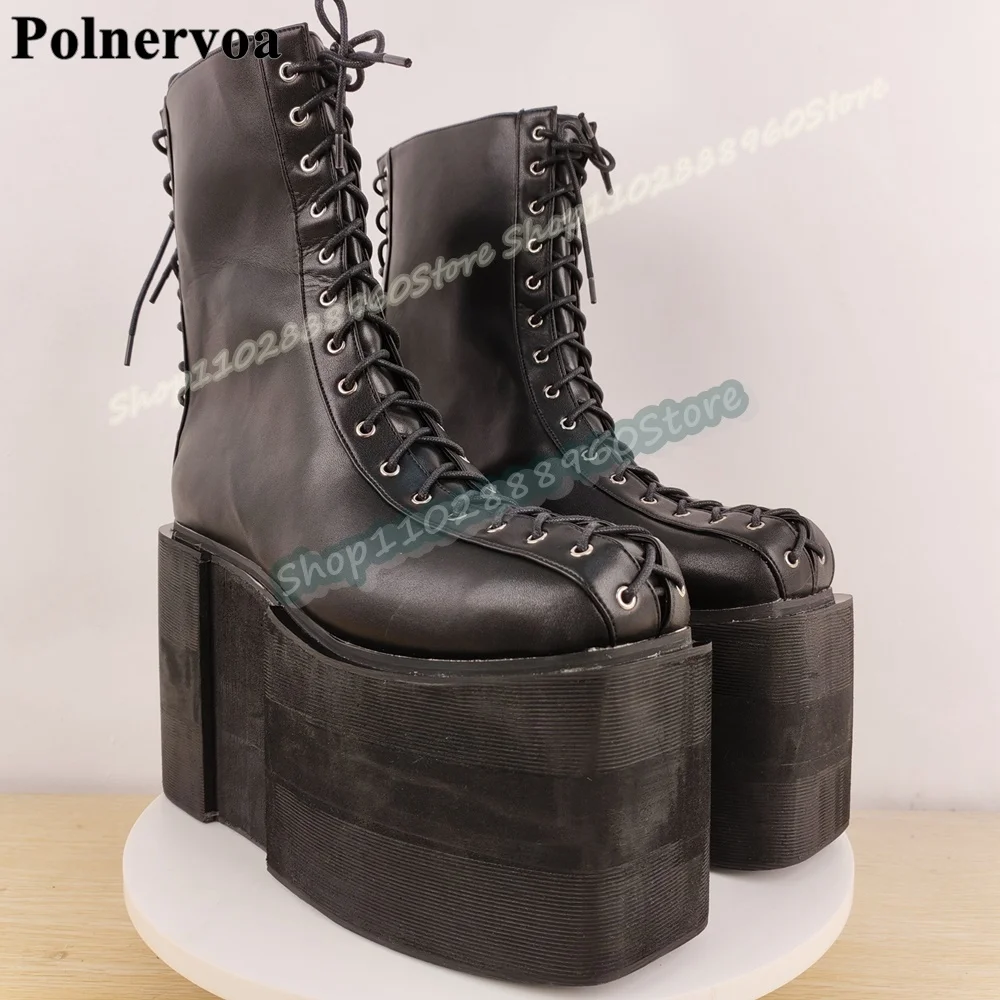 

Western Black Leather Platform Ankle Boots Thick Soled Shoes For Women Cross Tied Square Toe Fashionable Party Women Boots