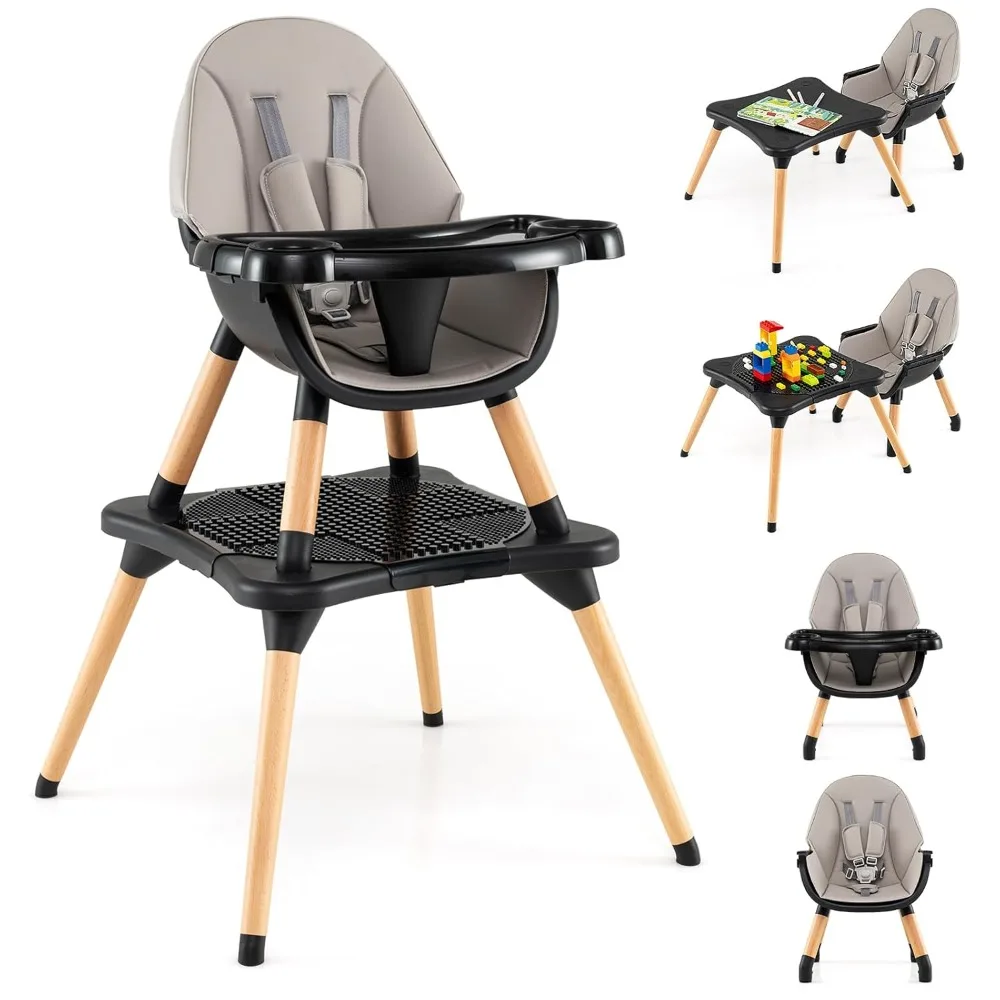 

Baby High Chair, 6-in-1 Convertible Wooden Highchair for Babies and Toddlers/Table Set/Toddler Chair with Safety Harness, 4-Pos