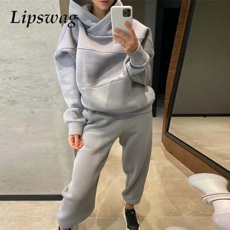 Women Solid Tracksuit Sportwear 2024 Hooded Long Sleeve Sweatshirt Tops&Pockets Pant Outfit Winter Autumn Thickness Two Piece