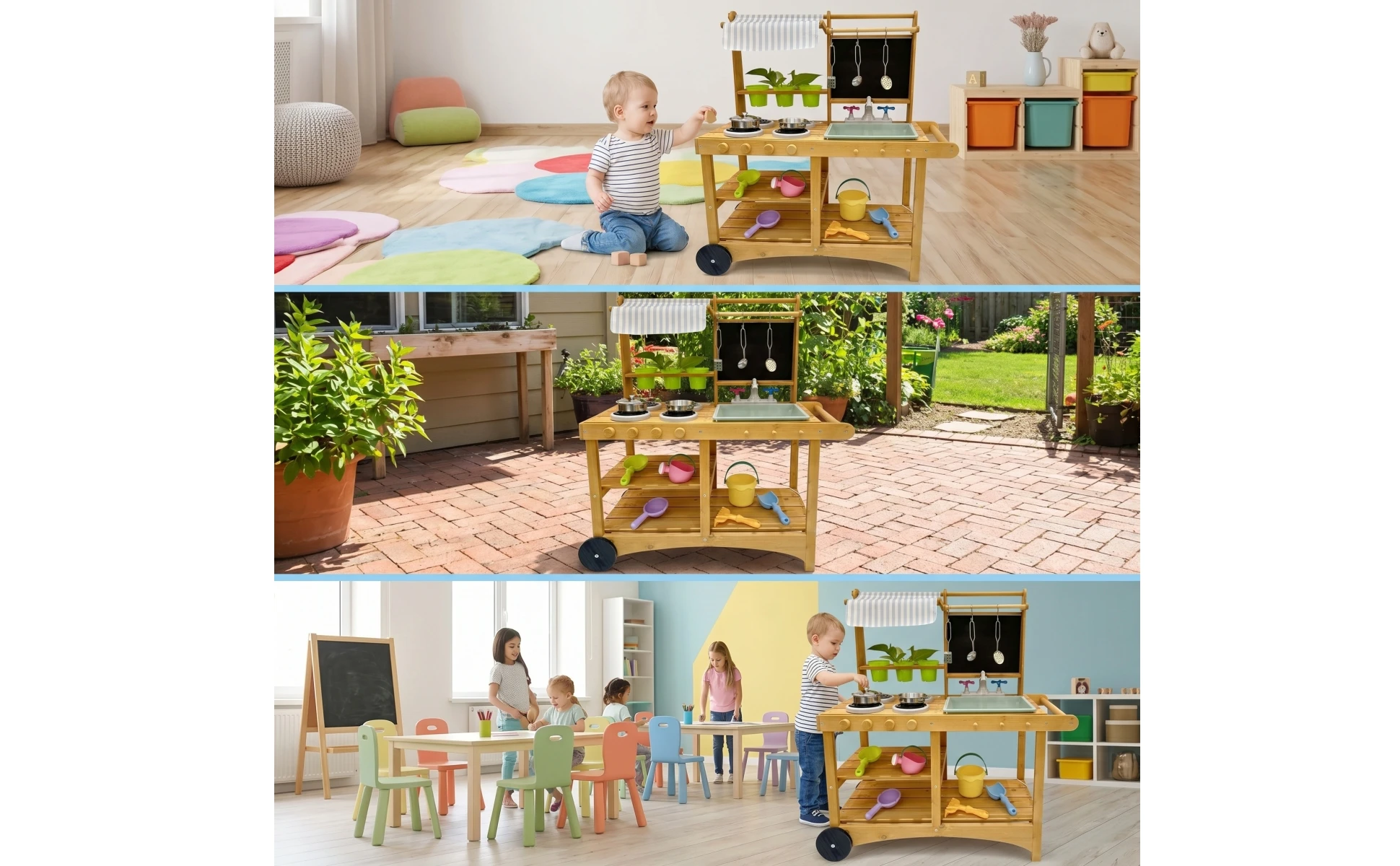 Wooden Play Kitchen with Canopy Interactive Pretend Kitchen Playset Mobile Toy Kitchen for Outdoor Playroom Use