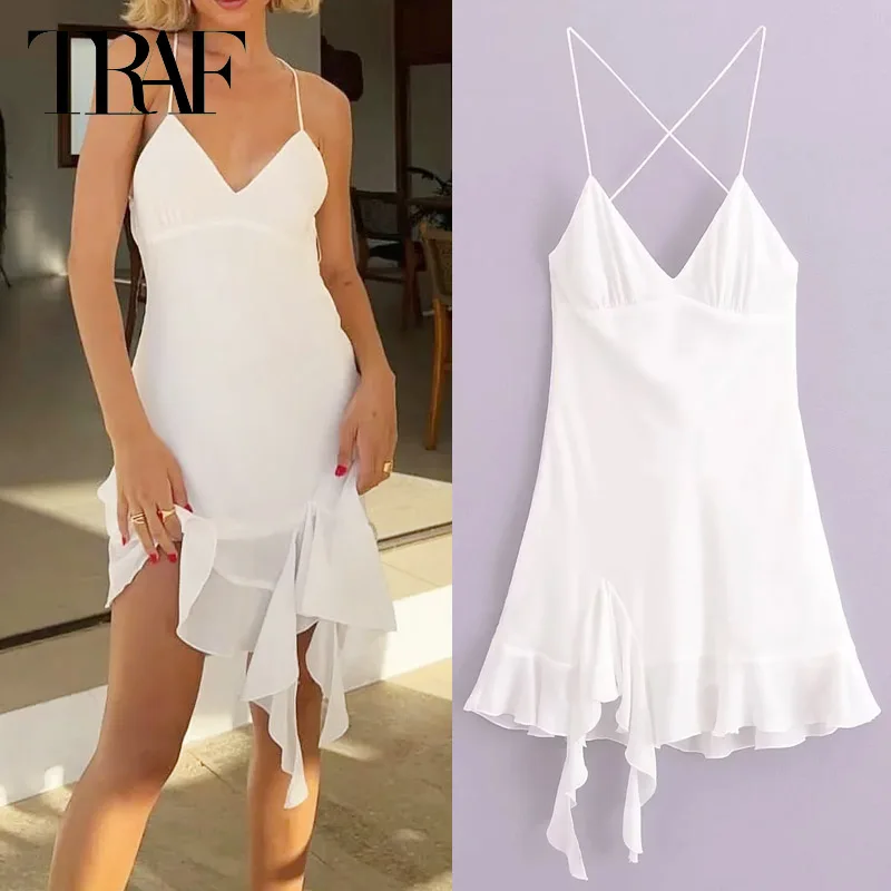 

TRAF Woman Backless White Dress Mini Ruffle Slip Dresses Sexy Holiday Party Dresses Women Sleeveless Summer Short Dresses 2024