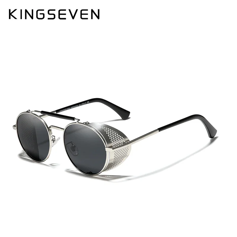 KINGSEVEN Brand Classic Gothic Steampunk Sunglasses Polarized Men  Vintage Round Metal Frame Sun Glasses Eyewear