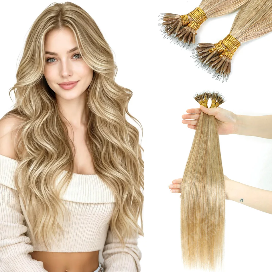 

European Remy Human Hair Extensions Nano Ring Straight 14-22 Inches Easy Install for Women Hair Wig Extensions