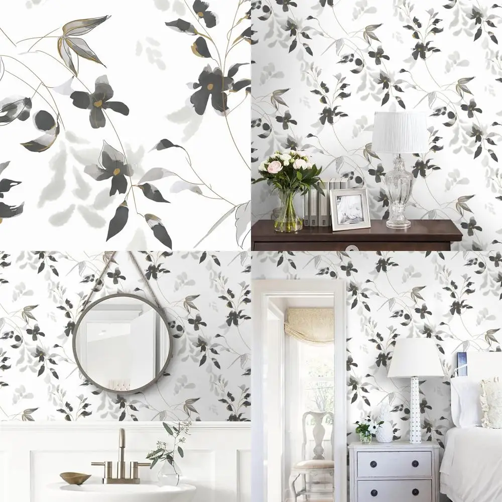 ورق جدران عصا تقشير باللونين الأبيض والأسود على شكل زهور حديثة - ورق جدران مقاوم للماء ذاتي اللصق على طراز بوهو قابل للإزالة للجدران