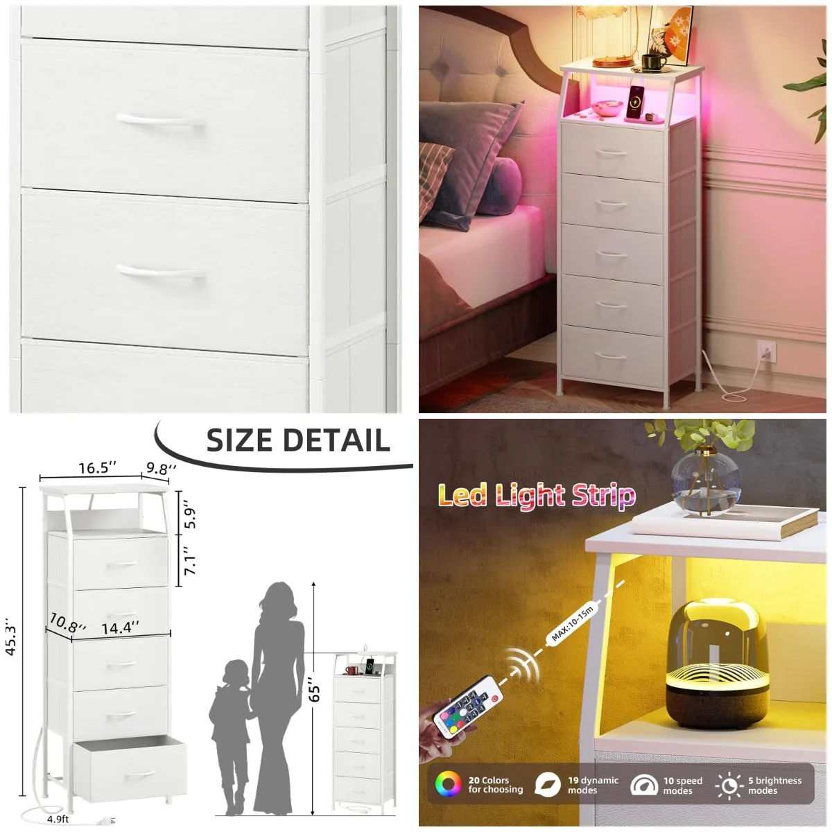 

White Nightstand with Charging Station & LED Light, 5-Drawer Tall Dresser for Bedroom, Kids Dorm, Laundry, Entryway