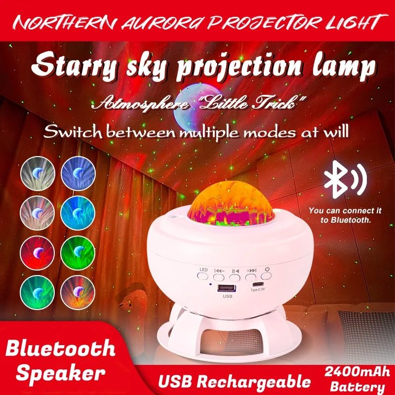 

Ночной светильник для проектора Aurora, проектор Galaxy Star Northern Lights с Bluetooth-динамиком, лампа с волнистыми волнами и пульсацией настроения для дома