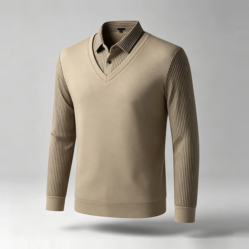 Herren-Oberteil mit langen Ärmeln, im Zweiteiler-Look, V-Ausschnitt, gerippte Ärmel, Hemdkragen-Design, weicher Stoff, ideal für Büro, Alltag und Pendel. – Detail 6