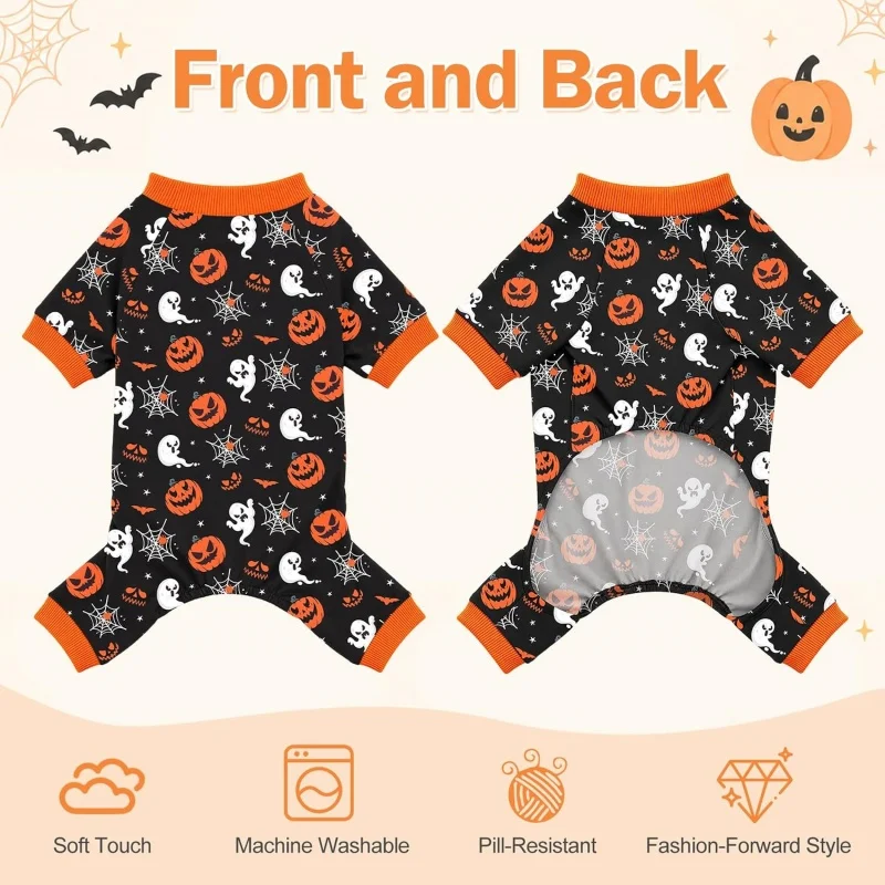 Lustiger Kürbis-Print Hund Halloween Pyjama Lässiges Warmes Haustier-Kostüm Party Welpenkleidung – Detail 6