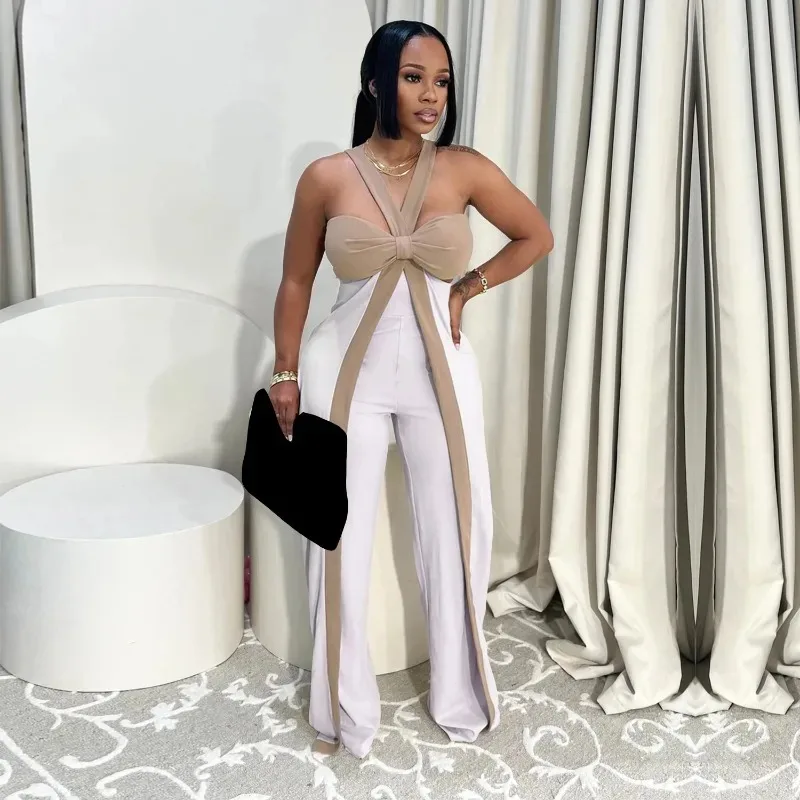 KEXU 여성용 브이넥 오프숄더 컬러 블록 와이드 레그 점프수트 2025 패션 섹시 파티 플레이수트 원피스 수트 롬퍼