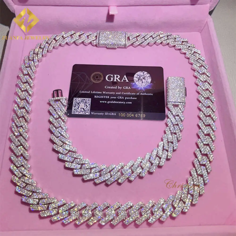 Hot Sale 15mm Moissanite Bracelet Men Silver Cuban Link Chain Pass Diamond Tester Gra Vvs Moissanite Cuban Necklace