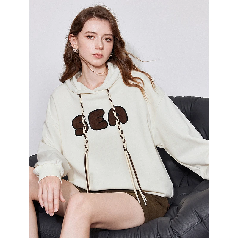 TOYOUTH Women Fleece Hoodies 2024 Autumn Winter New Hooded Drawstring Letter Embroidery Long Sleeve Casual Pullover Tops