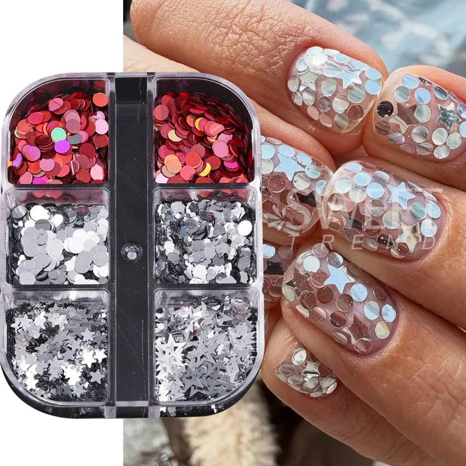 6 Grids Silver Red Mixed Nail Sequins Star Square Round Dot Hexagon Sparkly Nail Glitter Flakes DIY Manicure Decor Accessories