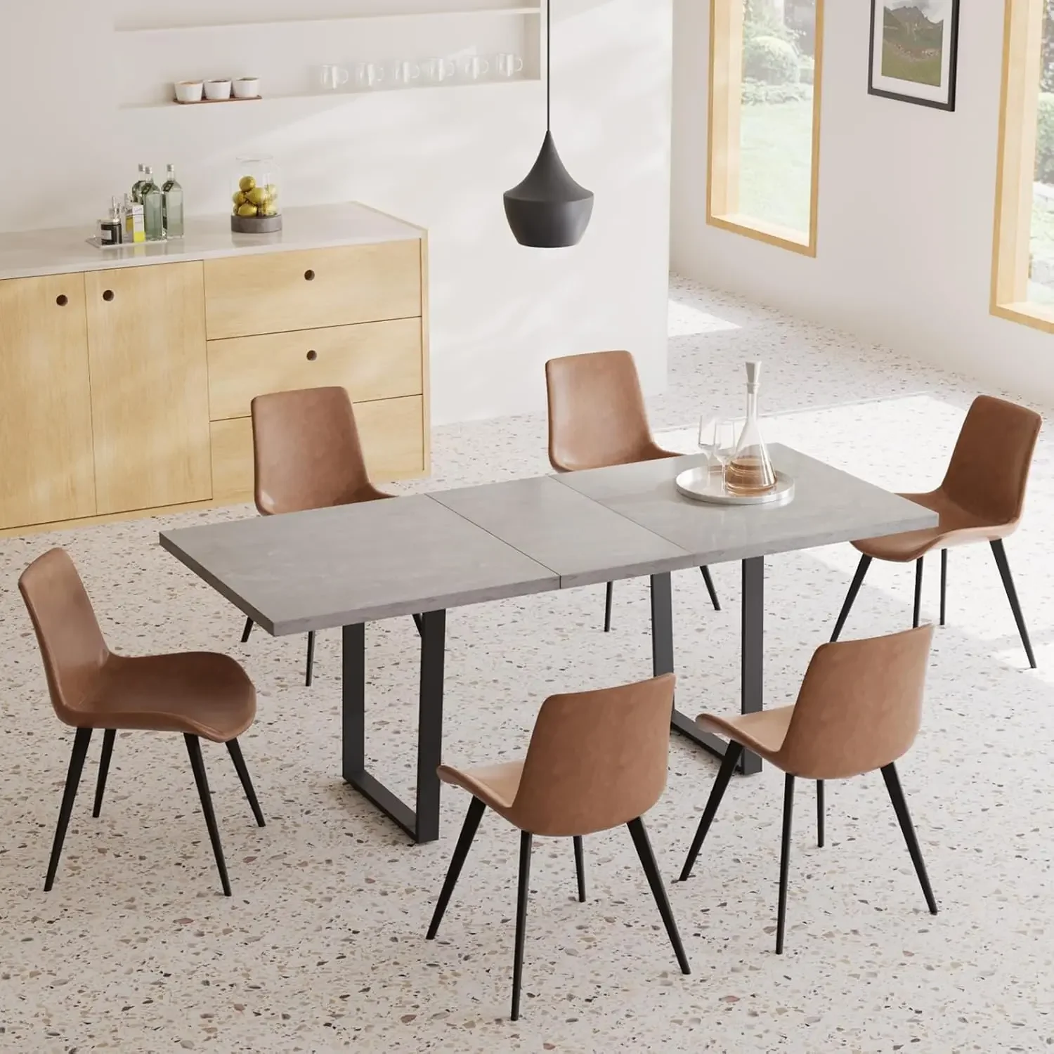 Dining Table Set for 6, Modern Wooden Expandable Dining Table and Leather Dining Chairs 6-Piece Set,Table and Chairs 6-Piece Set