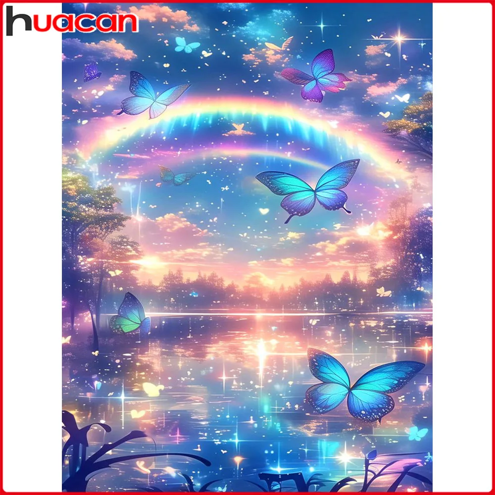 Huacan 5D-Diamantgemälde zum Selbermachen, Regenbogen, Fluss, Schmetterling, Diamantmosaik, Landschaft, Blume, komplettes Set, Wanddekoration