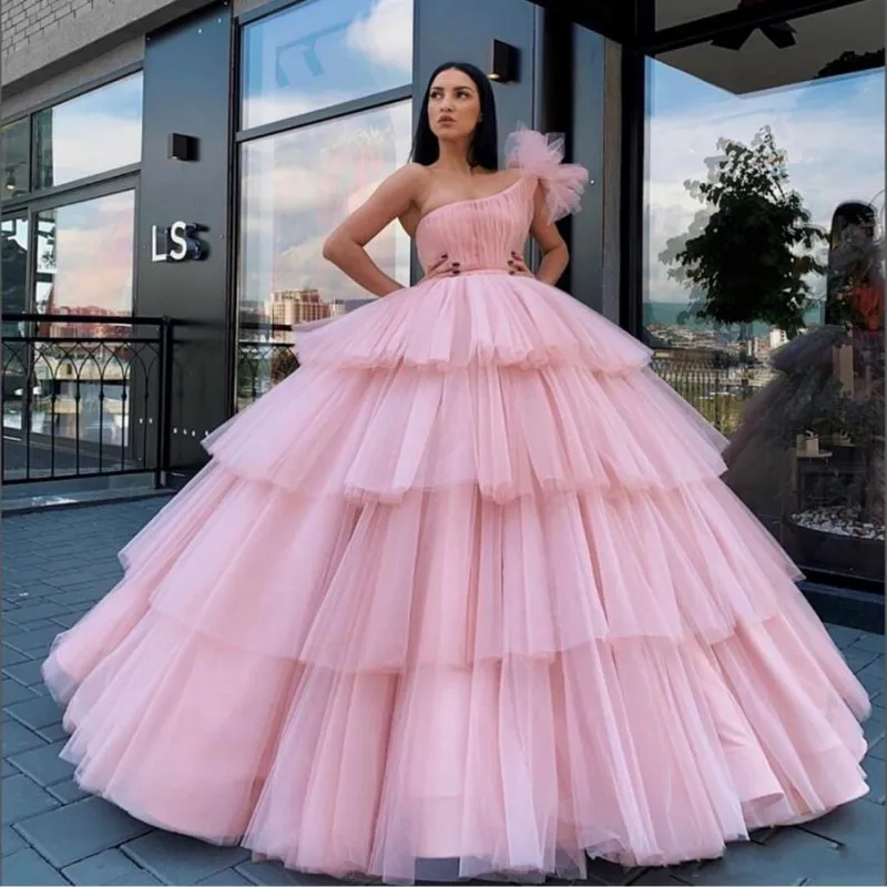 Pink sweet prom dress ruffled formal party birthday dress single rotator cuff graduation ceremony evening dress customization